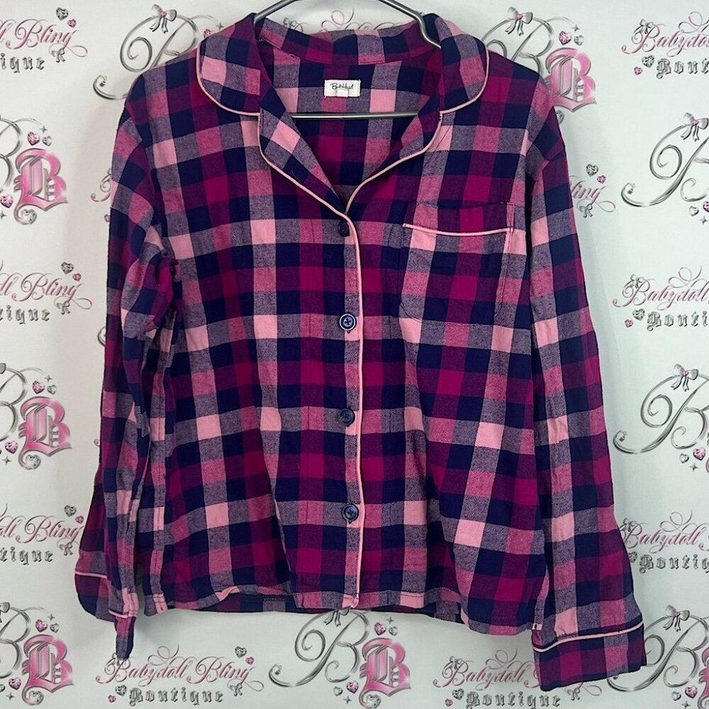 BedHead pajamas button down shirt striped Pink and Purple Plaid Pajama Top